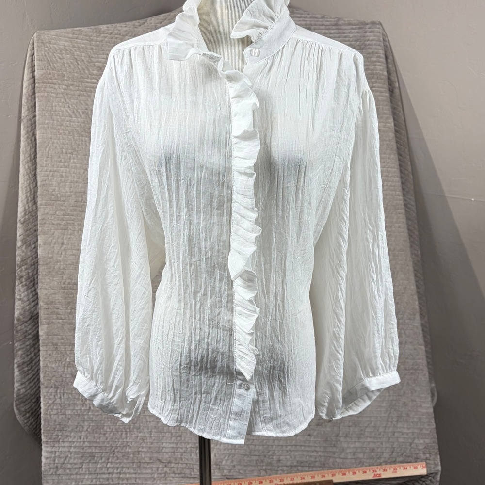 J S Millenium White Ruffle High Neck Blouse Balloon Sleeve Gauze Top Large